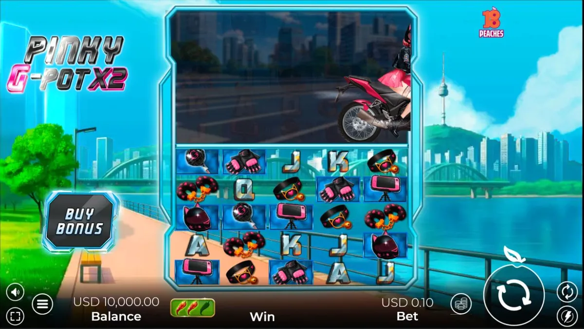 Tampilan visual neon futuristik dari slot Pinky G-Pot X2 dengan tema balap motor Seoul.